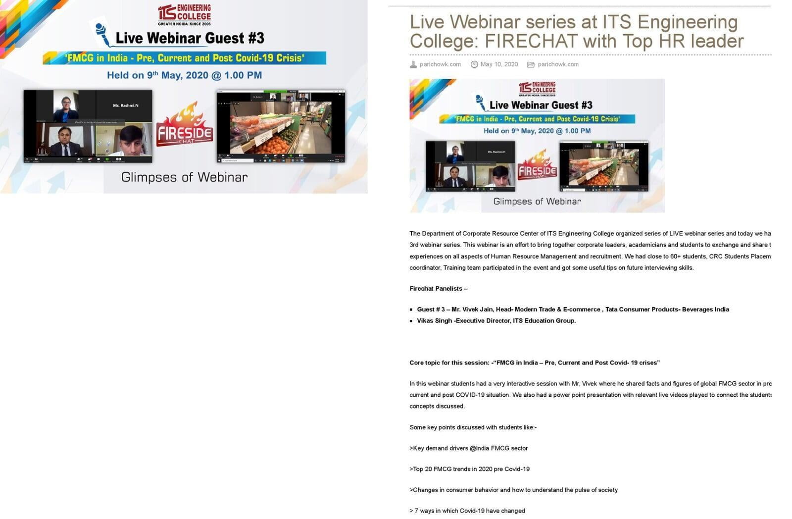 Live Webinar series at ITS Engineering College: FIRECHAT with top HR leader
